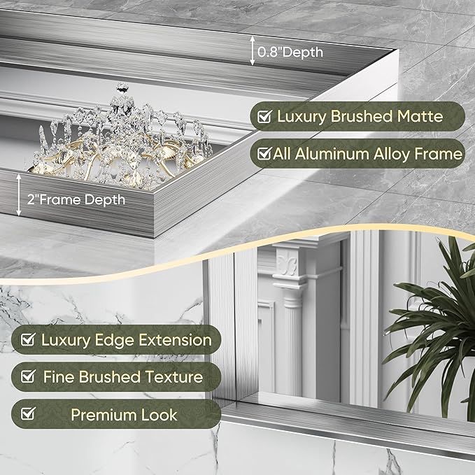 Suidia Bathroom Mirror, 60" x 30" Wall Mirror Metal Framed, Bathroom Vanity Mirror for Living Room Bedroom Bathroom Entryway, Silver, Rect Corner Style