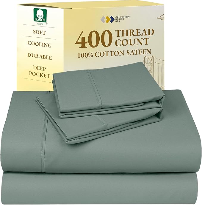 California Design Den 400 Thread Count, Natural 100% Cotton Sheets Sateen, Soft King Bed Sheets Set, Deep Pockets with All-Around Elastic for a Snug Fit, Cool & Durable Bedding Set - Sage Green