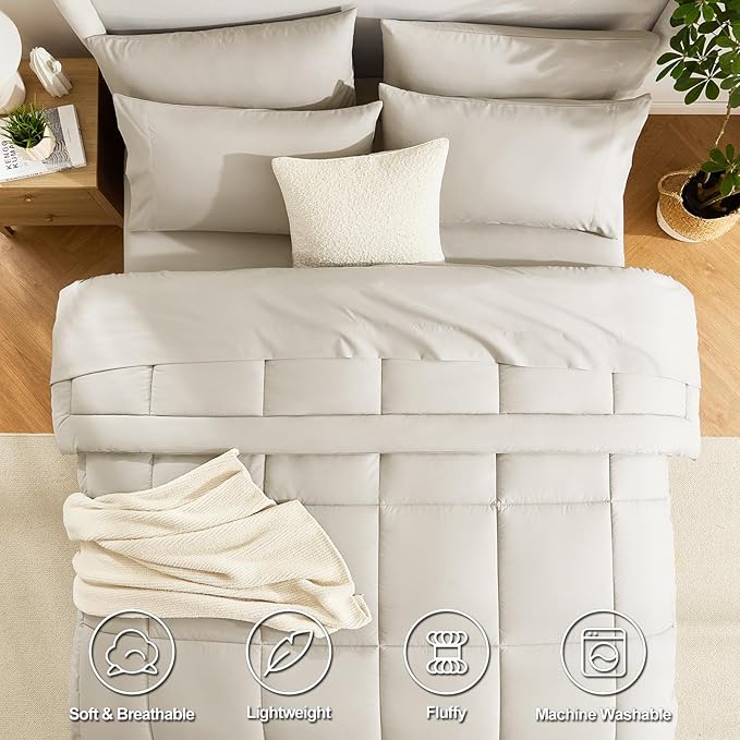 CozyLux California King Comforter Sets Beige, 7 Pieces Cal King Bed in a Bag, All Season Bedding Sets with Stitch Quilted Comforter, Flat Sheet, Fitted Sheet, Pillowcases