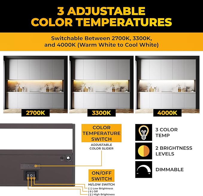 LED Under Cabinet Lighting Hardwired - 3CCT 24 Inch Bronze Finish - Undercabinet Lights for Kitchen - Linkable Undercounter Dimmable Plug in Light or Hard Wired - Under Counter Fixture Direct Wire