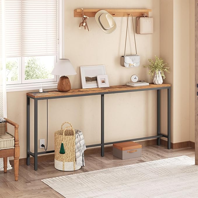 70.9'' Console Table with Power Outlet, Narrow Sofa Table, Industrial Entryway Table with USB Ports, Behind Couch for Entryway, Hallway, Foyer, Living Room, Rustic Brown CTHR18E01Z1