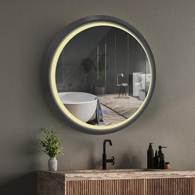 Round LED Mirror 24 Inch for Bathroom, Black Metal Frame Lighted Vanity Mirror,Wall Mounted Circle with Lights,6000K Anti-Fog & Dimmable Touch Button