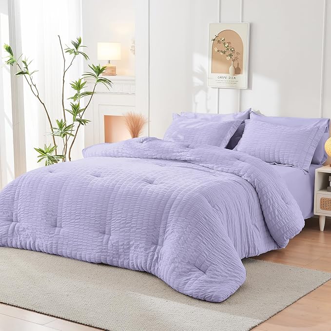 HYMOKEGE Light Purple Queen Comforter Set Seersucker 7 Pieces, All Season Luxury Bed in a Bag Queen for Bedroom, Bedding Set with Comforter, Sheets, Pillowcases & Shams