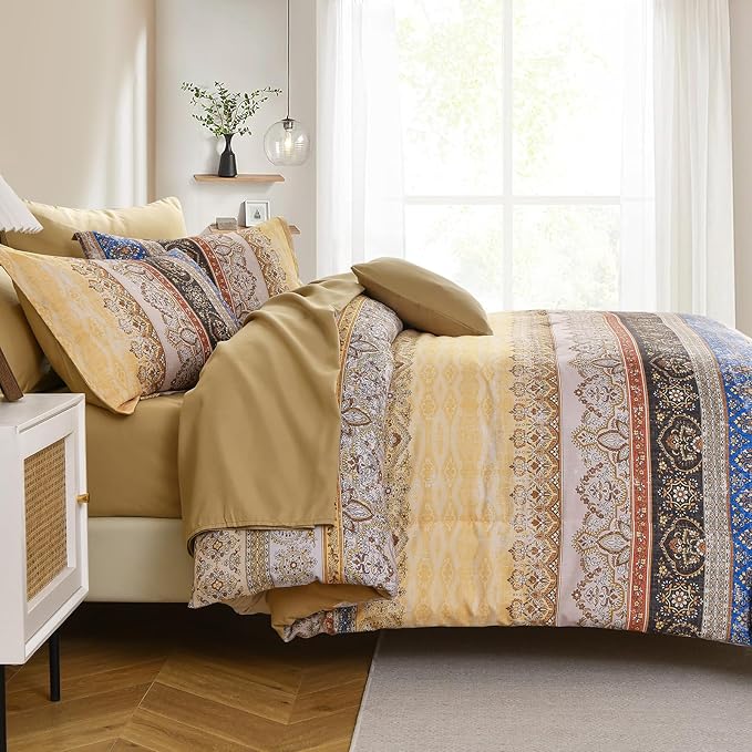 Boho King Size Comforter Set 8 Pieces, Yellow Bohemian Striped Bed in a Bag, Paisley Soft Microfiber Bedding Comforter Set