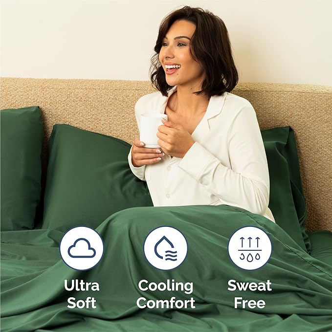 Queen Sheets Set 6 Piece - Includes 4 Pillowcases - Bed Sheets Queen Size - Soft Hotel Luxury Bedding - Cooling, Comfy, Cozy & Breathable - 1 Flat & 1 Fitted & 4 Pillowcases w/ Deep Pockets - Emerald