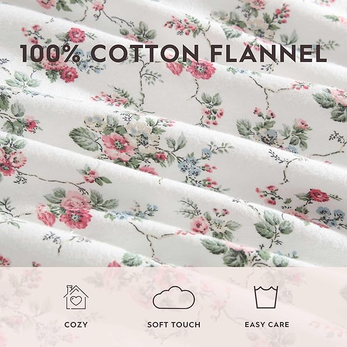 Laura Ashley - Flannel Sheets Twin Size, Anti-Pilling & Wrinkle Resistant Cotton, Touchably Soft for All-Season Comfort - Bed Sheets with Matching Pillowcase & Fitted Sheet (Le Fleur Pink)