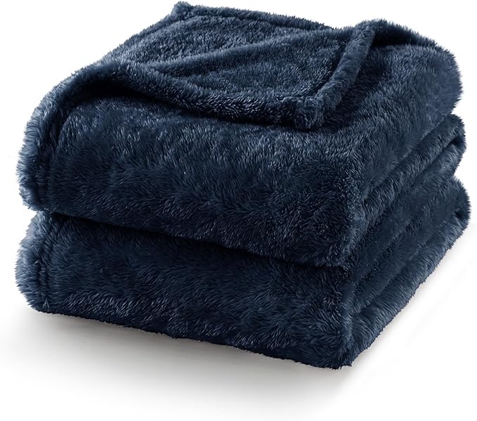 Exclusivo Mezcla Plush Fuzzy Fleece Bed Blanket Queen Size, Super Soft, Fluffy and Warm Blankets Suitable for All Seasons (Navy Blue, 90x90 Inches)