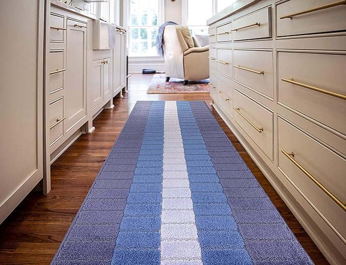 Custom Size Coastal Nautical Style Runner Rug Carpet for Hallway Entryway, Slip Resistant Latex Rubber Backed, 31 inch Wide X Customized Length, Squares Blue, 31 inch X 11 feet