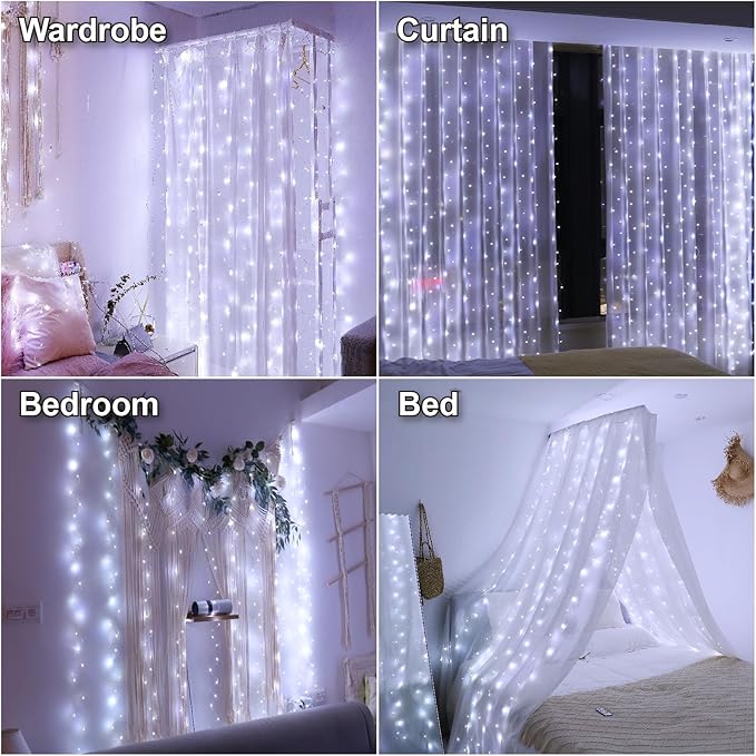 HXWEIYE 300LED Fairy Curtain Lights, 9.8x9.8Ft USB Plug-in 8 Modes Christmas String Hanging Lights with Remote for Bedroom Backdrop Wedding Party Indoor Wall Decor, White, Standard