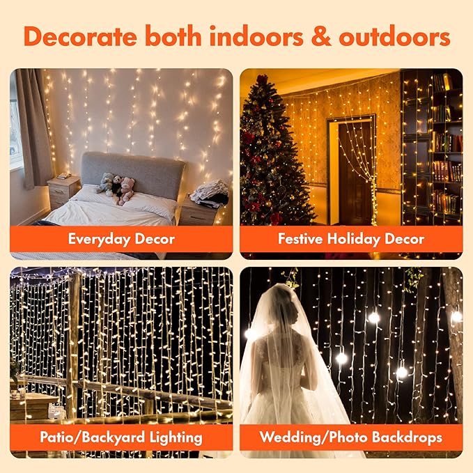 Twinkle Star 300 LED Window Curtain String Light Wedding Party Home Garden Bedroom Outdoor Indoor Wall Decorations, Warm White