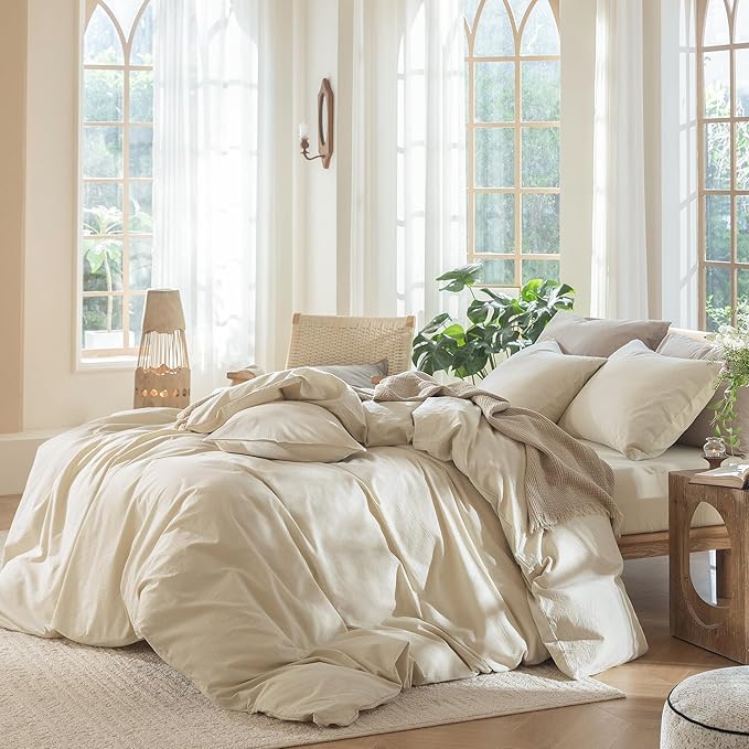 MooMee Bedding Duvet Cover Set 100% Washed Cotton Linen Like Textured Breathable Durable Soft Comfy (Heathered Almond Milk Grey, Queen 90"x90")