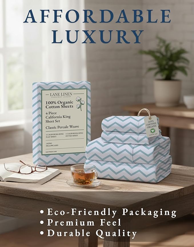 LANE LINEN 100% Organic Cotton Printed California King Sheets Set, 4-Piece All Seaons Soft & Comfy Mercerized Fully Elasticized Naturally Temperature Regulating Printed Cotton Cal King Sheets -Chevron