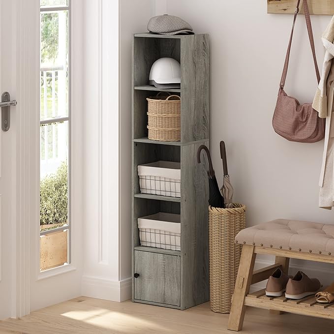 Furinno LUDER Book Shelf, 5-Tier Modern Bookshelf, Bookcase with 1 Door Storage Cabinet, 9.3" x 12" x 52", for Living Room, Bedroom, Home Office, French Oak