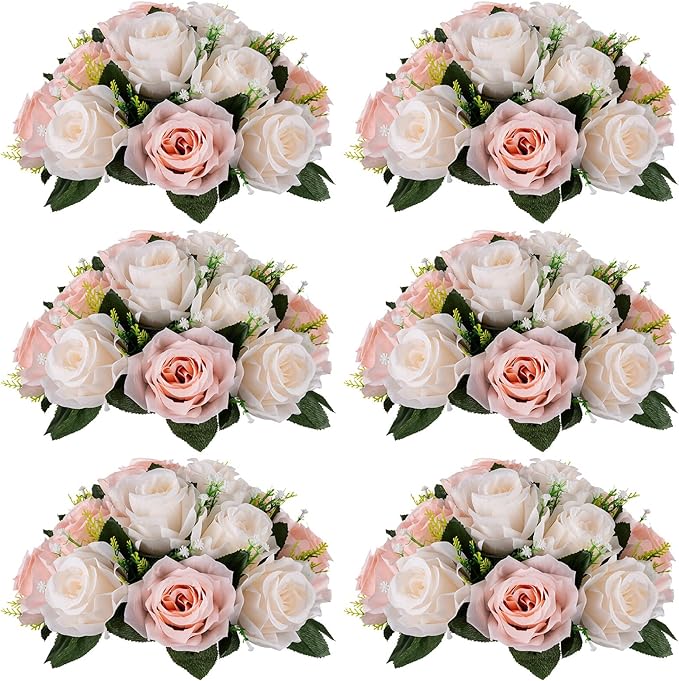 NUPTIO Flower Balls for Wedding Centrepieces - 6 Pcs 9.5in Diameter Artificial Flower Ball Arrangement Bouquet Peachy Pink & Creamy White Fake Rose Flowers Party Centerpieces for Weddings Tables