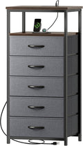 Huuger 5 Drawers Dresser with Charging Station, Dresser for Bedroom, Tall Night Stand, Chest of Drawers with Open Shelf, Bedside Table Nightstand, Fabric, for Entryway, Adult Only, Walnut
