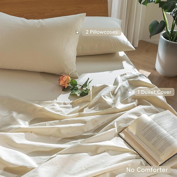 MooMee Bedding Duvet Cover Set 100% Washed Cotton Linen Like Textured Breathable Durable Soft Comfy (Heathered Almond Milk Grey, Palatial King/Oversized King 120"x98")