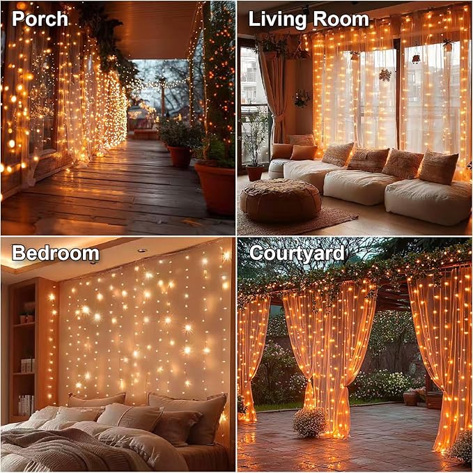 HXWEIYE 300LED Fairy Curtain Lights, 9.8x9.8Ft USB Plug-in 8 Modes Christmas String Hanging Lights with Remote for Bedroom Backdrop Wedding Party Indoor Wall Decor, Orange, Standard