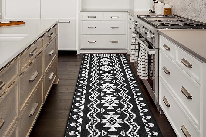 Custom Length Cut to Size Tribal Ethnic Southwestern Inspired Hallway Runner Rug, Non Slip Rubber Backed, 31 inch Wide X Customized Length, Aztec Black, 31 inch X 10 feet