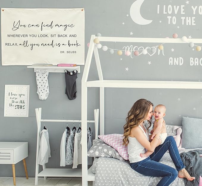 Inspirational Nursery Classroom Above Crib Bedroom Playroom Reading Room Wall Decor Hanging Rectangular Banner Flag Wall Sign Decor for Baby Toddler Boy Girl Kids Christmas Gift You Can Find Magic