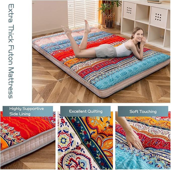 MAXYOYO Full Size Futon Floor Mattress Shikibuton Sleeping Mats for Adults, Floor Futon with High-Density Foam, Portable Mattress for Living Room, Guest Room, Bohemian A