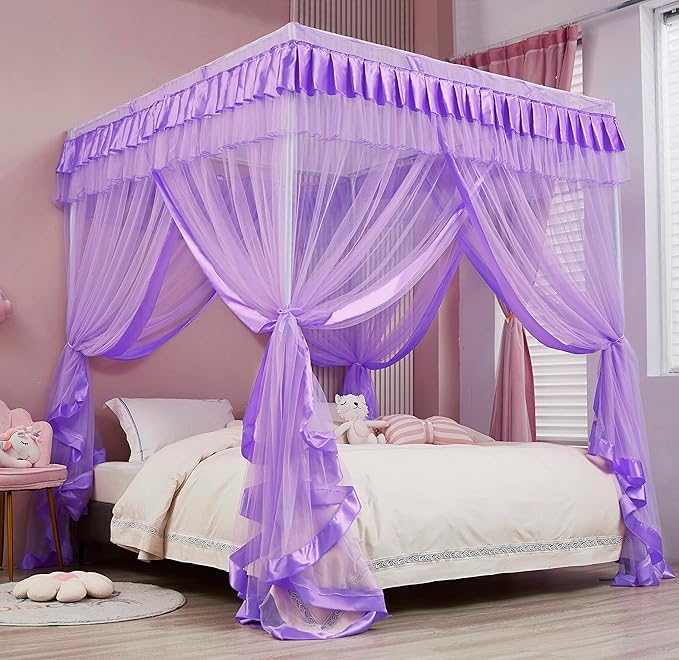 Mengersi Canopy Bed Curtains Queen Size - Bed Canopy Curtains - 4 Opening Canopy for Bed- Cute Princess Bedroom Decoration Gift (Purple, Queen)