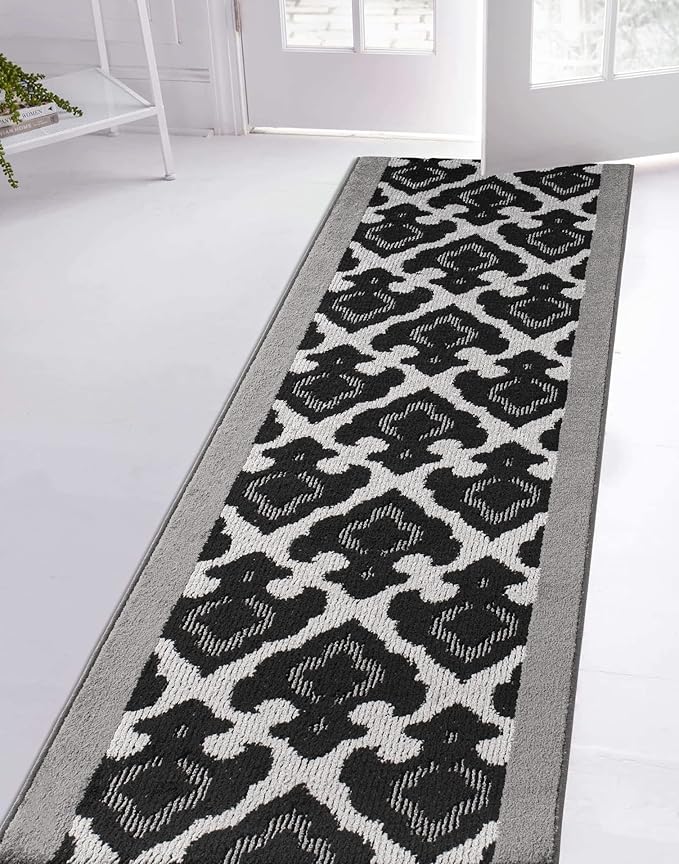 Custom Length Cut to Size Fleur de Lis Inspired Carpet Runner Rug for Hallways, Non Slip Rubber Backed, 31 inch Wide X Customized Length, Royal Grey, 31 inch X 12 feet