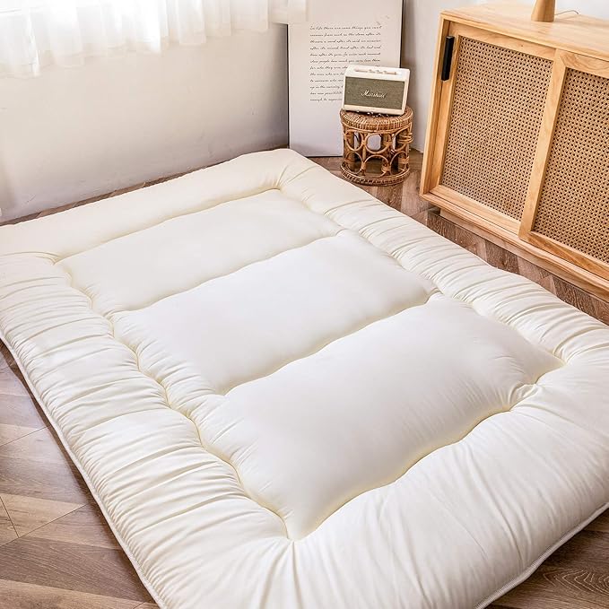 MAXYOYO Japanese Floor Mattress Futon Mattress, Thicken Sleeping Pad Foldable Roll Up Floor Futon for Adults Tatami Mat Dormitory Bed Lounger, Off White, Full Size