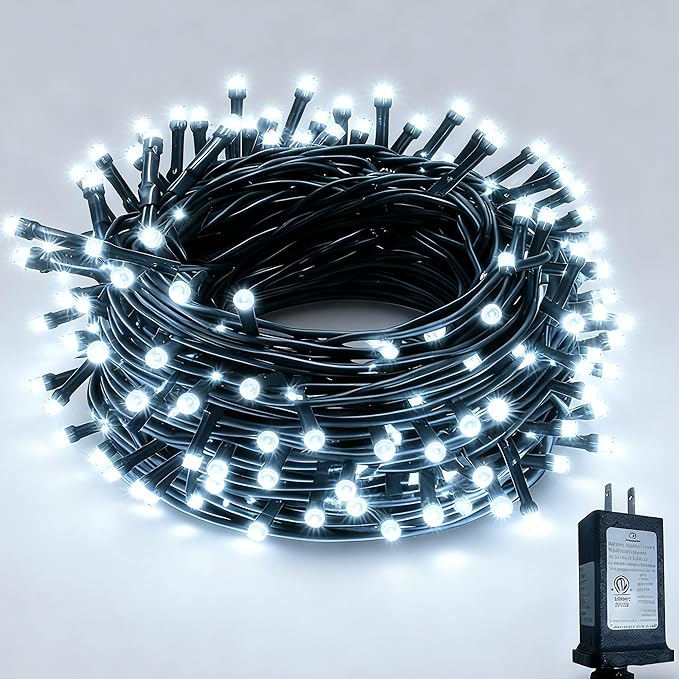 RPGT Christmas Light 1000 LEDs 336ft Green Cable Wire Fairy String Tree Twinkle Lights Plug in 12 Modes for Christmas Party, Outdoor, Garden, Wedding, Home Decoration (White)