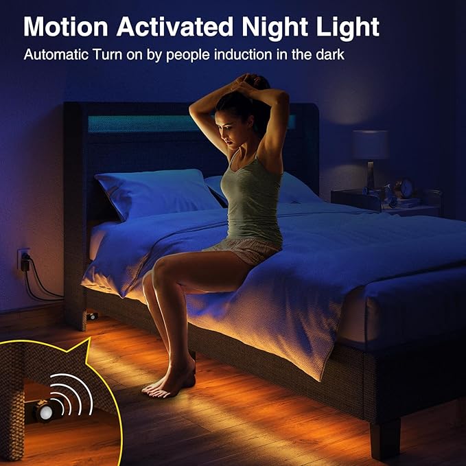 Rolanstar Bed Frame Queen Size with LED Lights and Charging Station, Upholstered Bed with Motion Activated Night Light and Wood Slats, Dark Grey