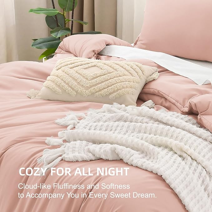 Litanika Pink Queen Size Comforter Set, 3 Pieces Blush Plain Bedding Comforter Set, All Season Bed Set (90x90In Comforter & 2 Pillowcases)