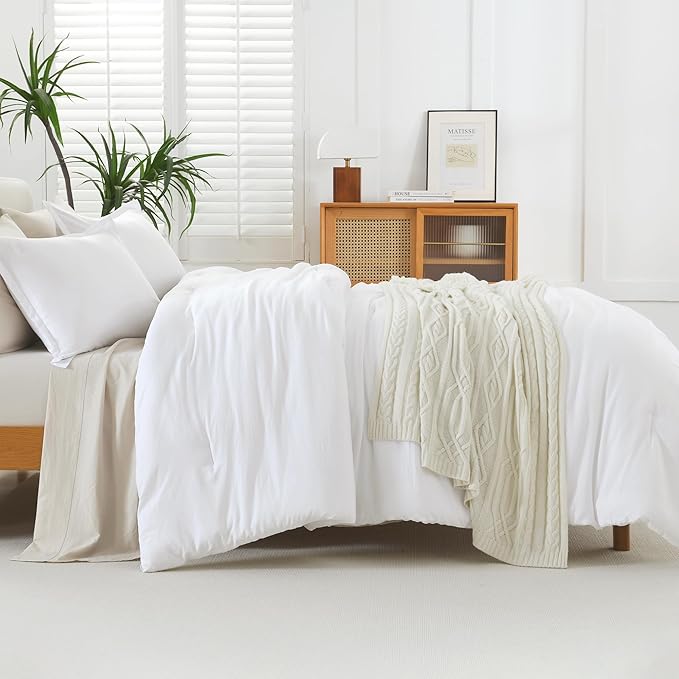 Litanika White Comforters Oversized Queen Size, 3 Pieces Lightweight Solid Bedding Comforter Set, All Season Fluffy Bed Set (98x98In Comforter & 2 Pillowcases)