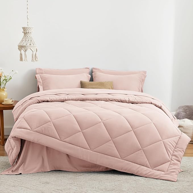 Love's cabin King Size Comforter Set Pink, 7 Pieces King Bed in a Bag, All Season Bedding Sets with 1 Comforter, 1 Flat Sheet, 1 Fitted Sheet, 2 Pillowcase and 2 Pillow Sham