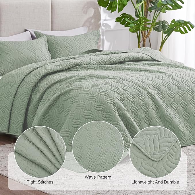 Love's cabin Twin Quilt Bedding Set Sage Bedspreads - Soft Bed Summer Lightweight Bedspread Comforter - Wave Pattern Bedding Coverlet for All Season - 2 Pieces (1 Quilt, 1 Pillow Sham)