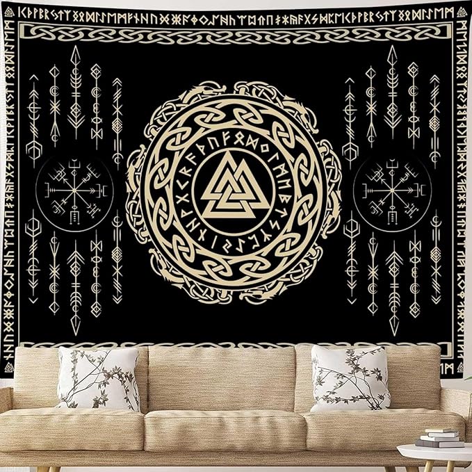 OSUNBD Nordic Viking Tapestry Wall Hanging - Large 84x90 inches Soft Flannel with Valknut, Celtic Runes & Norse Mythology Scandinavian for Bedroom, Living Room Decor