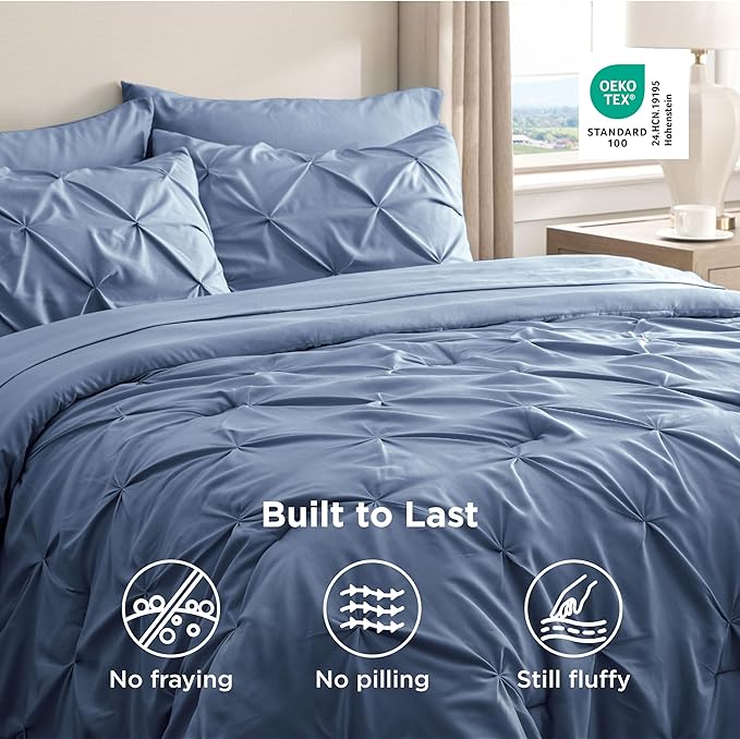 Bedsure California King Comforter Set - Bed in a Bag Cal King Bedding Set 7 PCS, GentleSoft™ Pintuck Bed Set Gift for Family, Pinch Pleat Slate Blue Comforter with Sheets, Pillowcases & Shams