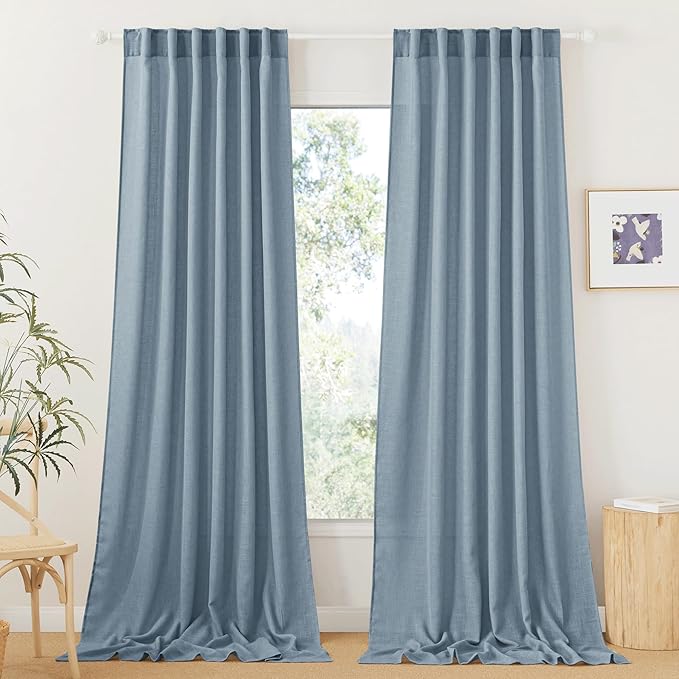 RYB HOME Semi Sheer Curtains for Living Room Dining Room, Linen Texture Window Decor Sun Protection Modern for Bathroom Doorway, W 52 x L 102 inch, 2 Pcs, Dusty Blue