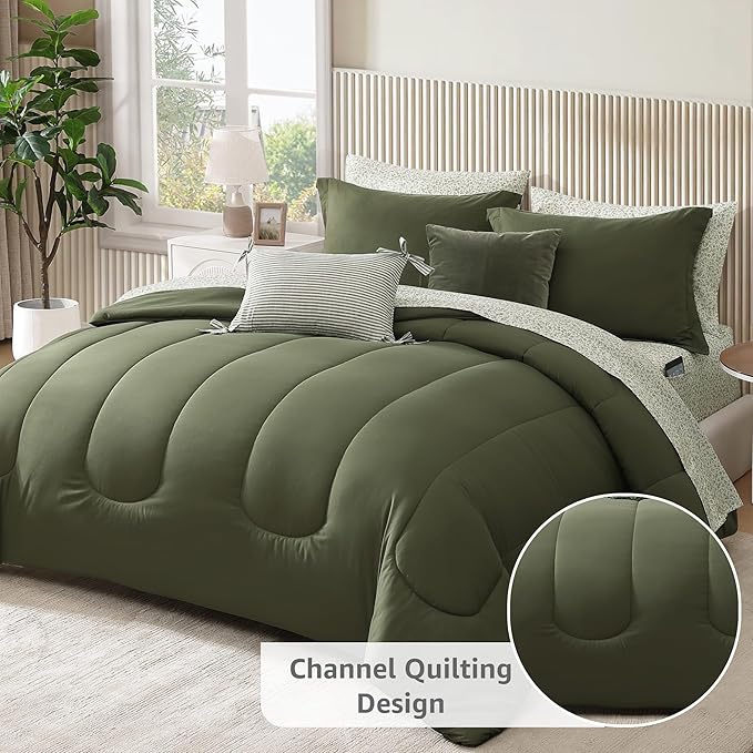 Monbix Queen Comforter Set - 7 Pieces Olive Green Bed in a Bag Queen Track Stitching Bedding Sets, All Seasons Down Alternative Comforter Bed Set with Sheets,Pillowcases & Shams