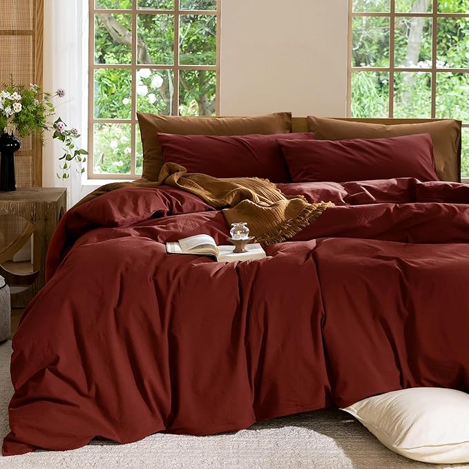 MooMee Bedding Duvet Cover Set 100% Washed Cotton Linen Like Textured Breathable Durable Soft Comfy (Solid Fired Brick Red, Queen 90"x90")