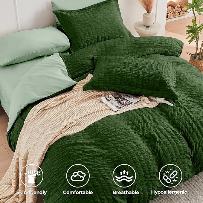 HYMOKEGE Dark Green/Sage Green Full Size Comforter Sets Seersucker 7 Pieces, All Season Luxury Bed in a Bag for Bedroom, Bedding Set with Comforter, Sheets, Pillowcases & Shams