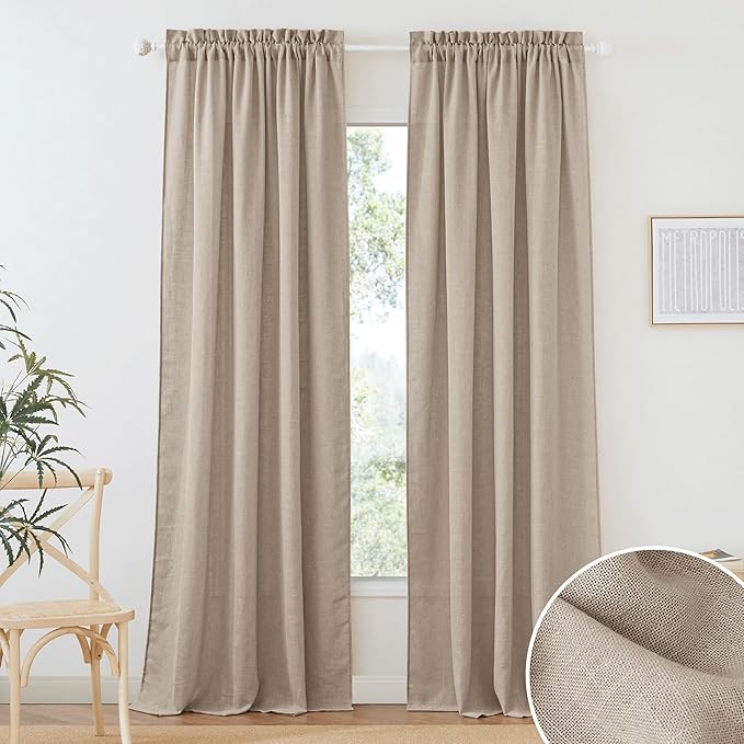 RYB HOME Flax Linen Blend Curtains for Dining Room Bedroom, Extra Long Rod Pocket Soft Textured Thick Linen Burlap Privacy Protection Light Filtering, W 70 x L 95 inches, Khaki, 2 Panels