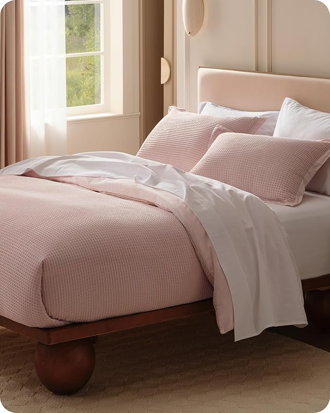 Bedsure Cotton Duvet Cover King - 100% Cotton Waffle Weave Pink Duvet Cover King Size, GentleSoft™ and Breathable Bedding Set for All Season, 3 Pieces, 104"x90"