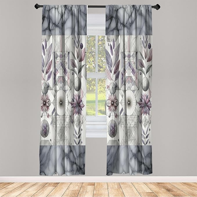Ambesonne Geometric Floral Window Curtains Pack of 2, Classic Marble Print Ornate Leafy Flowers and Futurist Stripes, Lightweight Set with Rod Pocket, 4 Panels of - 28" x 63", Ceil Blue Laurel Green