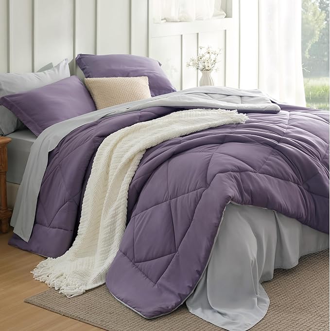 Bedsure Twin XL Comforter Set - 5 Pieces Reversible Grayish Purple Bedding, Twin XL Size Bed Set for All Seasons, Bed in a Bag with Down Alternative Comforter, Sheets, Pillowcase & Sham