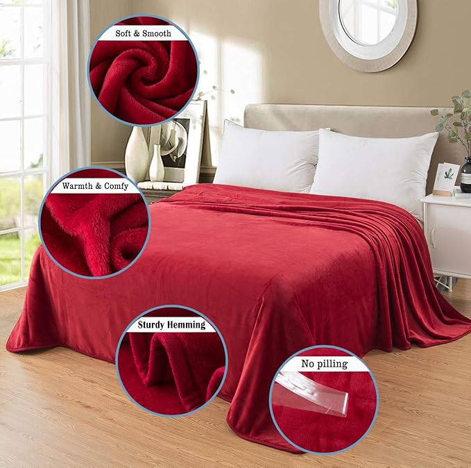 Flannel Fleece Travel Size Summer Blanket All Season 350GSM Lightweight Throw for The Bed Extra Soft Brush Fabric Winter Warm Sofa Blanket 50"x 61"(Burgundy Red Travel)
