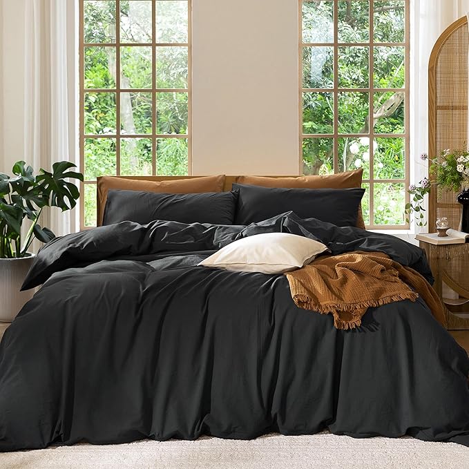 MooMee Bedding Duvet Cover Set 100% Washed Cotton Linen Like Textured Breathable Durable Soft Comfy (Solid Black, Oversized Queen 98"x98")