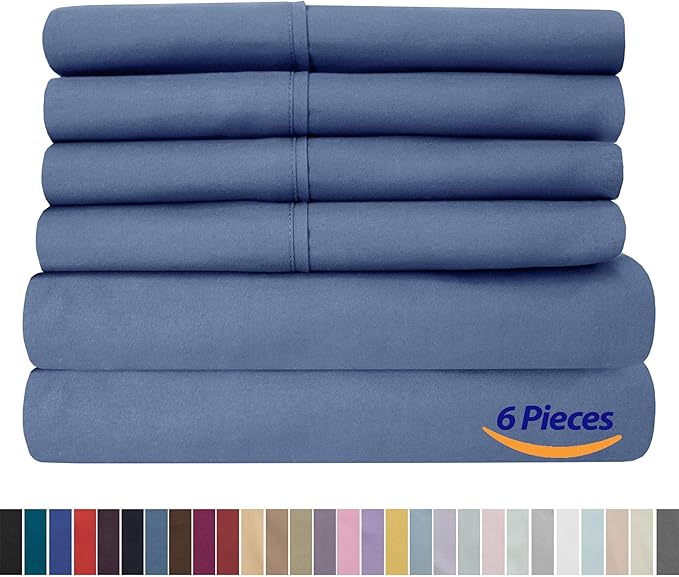 Sweet Home Collection 6 Piece 1500 Supreme Collection Brushed Microfiber Deep Pocket Sheet Set-2 Extra Pillow Cases, Great Value, Split King, Denim