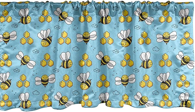 Ambesonne Cartoon Window Valance Pack of 2, Summer Style Funny Demonstration of Happy Flying Characters and Hexagon Comb, Rod Pocket Curtain Valances for Kitchen Bedroom, 42" X 12", Sky Blue Mustard
