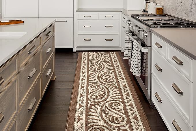 Custom Length Cut to Size Tribal Ethnic Southwestern Inspired Hallway Runner Rug, Non Slip Rubber Backed, 31 inch Wide X Customized Length, Mayan Brown, 31 inch X 25 feet