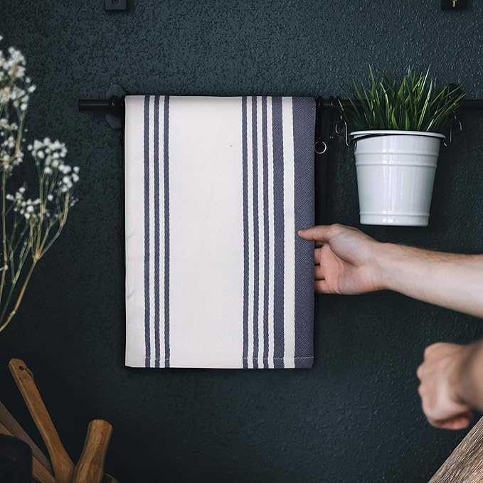 Urban Villa Kitchen Towels 100% Cotton Pack of 3, Highly Absorbent Quick Drying Soft Premium Dish Towels for Kitchen with Hanging Loop Hand & Tea Towels - 20x30 Inch, (Indigo Blue & White, Striped)
