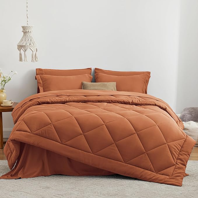 Love's cabin California King Comforter Set Terracotta, 7 Pieces California King Bed in a Bag, All Season Bedding Sets with 1 Comforter, 1 Flat Sheet, 1 Fitted Sheet, 2 Pillowcase and 2 Pillow Sham